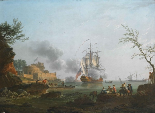 Entree d un port avec un navire tirant une salve by Claude-Joseph Vernet